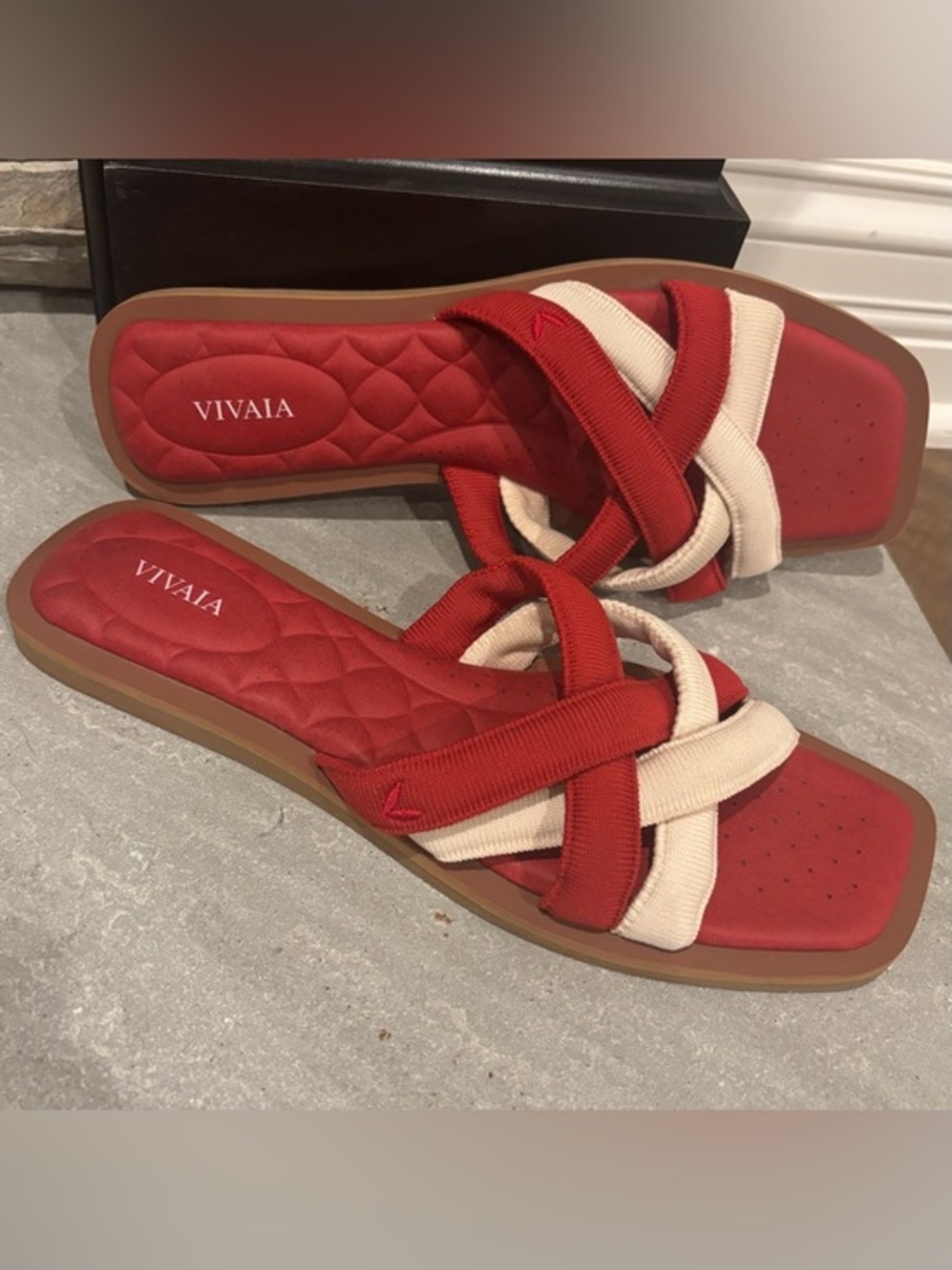 Vivaia Pillow Top Slide Strappy Sandals Quilted Cross Straps Mayara Red Ivory